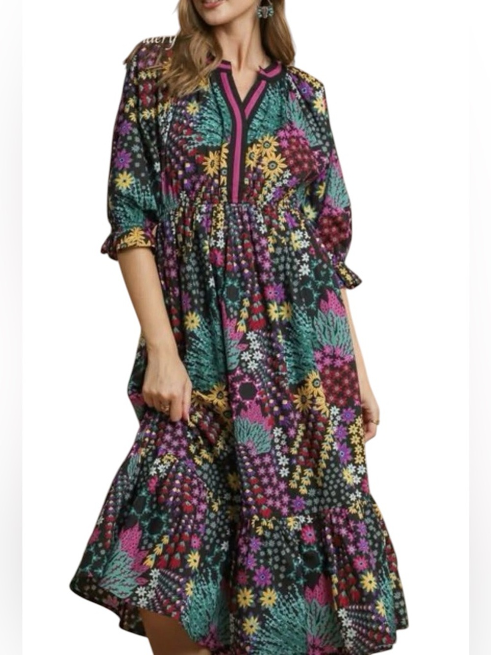 NWT Umgee Boho Floral Midi Dress 3/4 Sleeve Tiered Ruffle Hem V-neck Size S